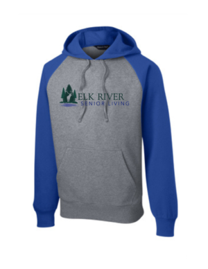 Elk River Senior Living Sport-Tek® Raglan Colorblock Pullover Hooded Sweatshirt (full front)